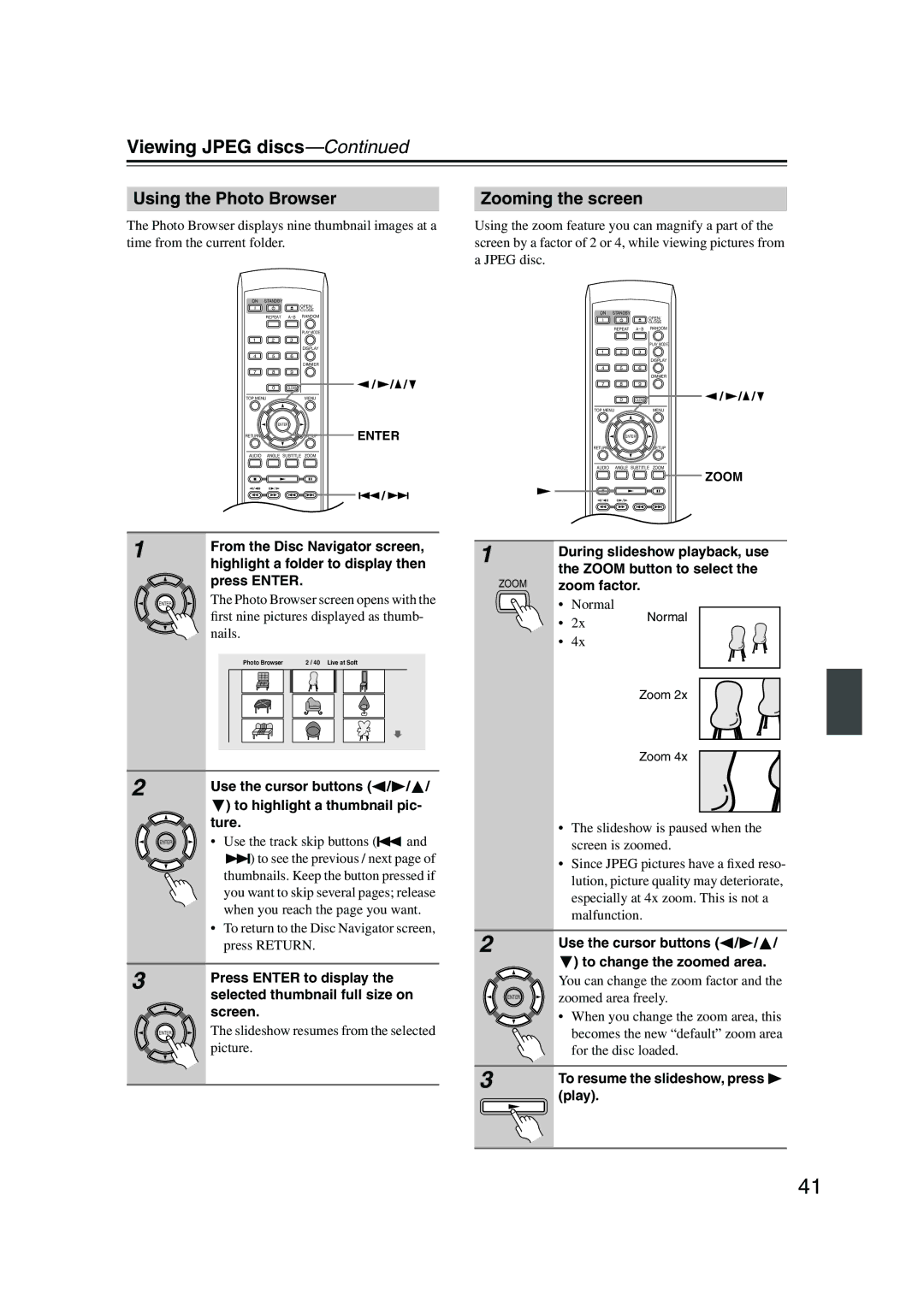 Onkyo DV-SP501 instruction manual Viewing Jpeg discs, Using the Photo Browser 