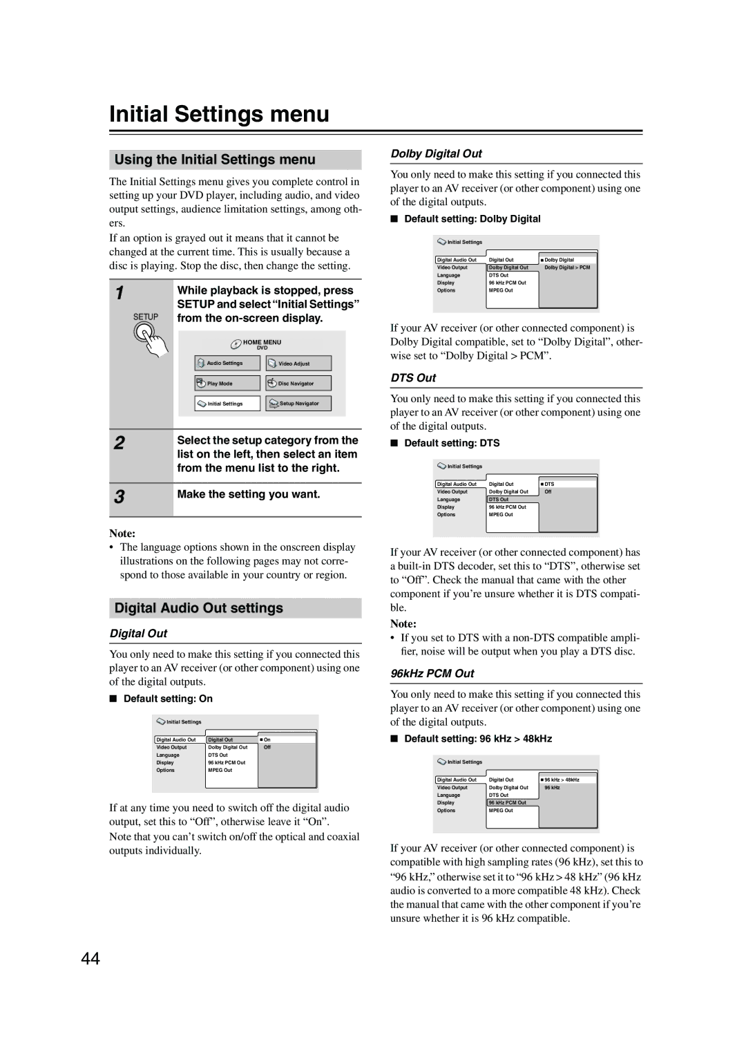 Onkyo DV-SP501 instruction manual Using the Initial Settings menu, Digital Audio Out settings 