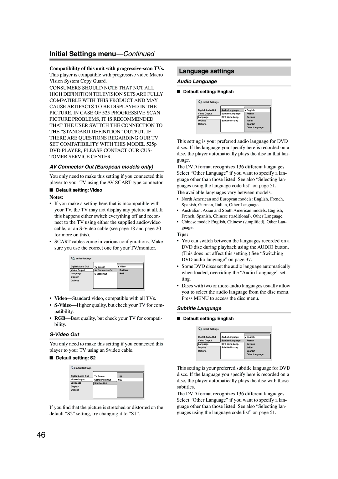 Onkyo DV-SP501 Language settings, AV Connector Out European models only, Video Out, Audio Language, Subtitle Language 