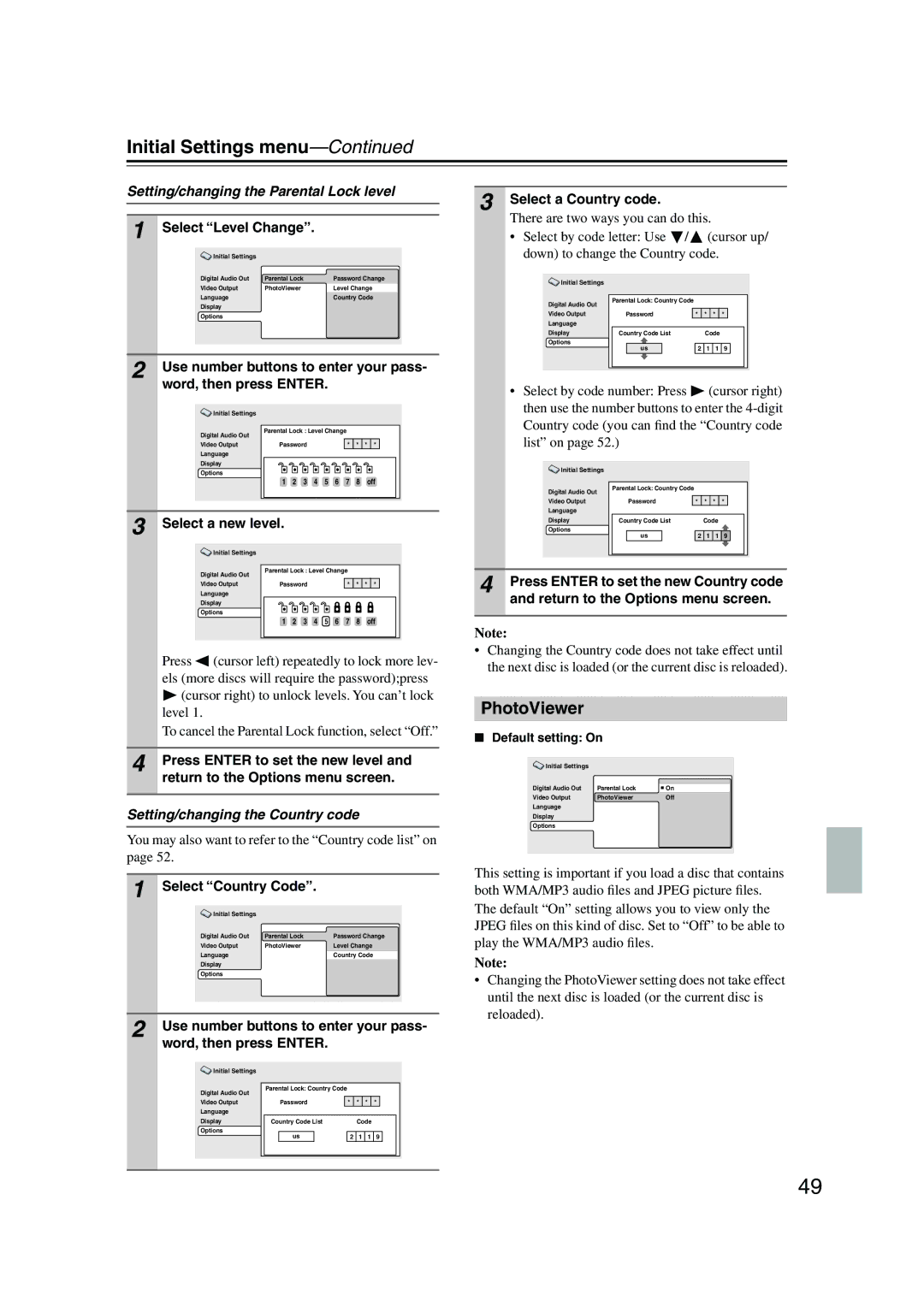 Onkyo DV-SP501 instruction manual PhotoViewer, Setting/changing the Parental Lock level, Setting/changing the Country code 