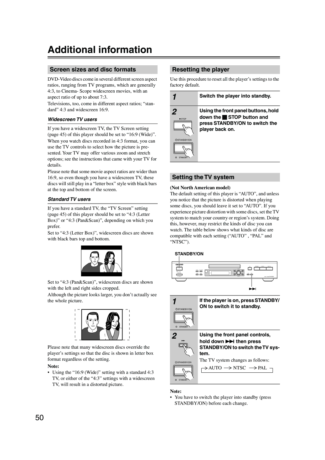 Onkyo DV-SP501 Additional information, Screen sizes and disc formats, Resetting the player, Setting the TV system 