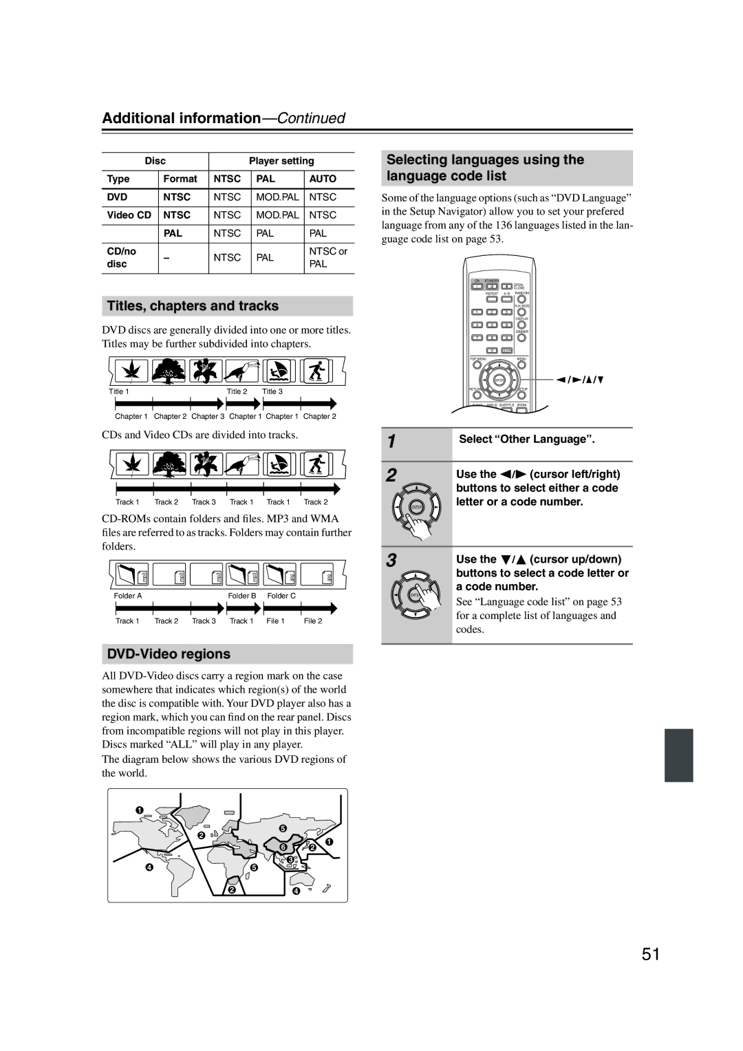 Onkyo DV-SP501 Additional information, Titles, chapters and tracks, DVD-Video regions, Select Other Language 