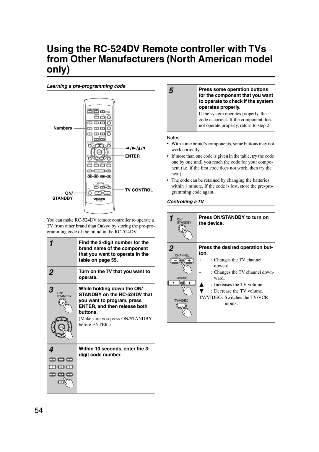 Onkyo DV-SP501 instruction manual Learning a pre-programming code, Controlling a TV 