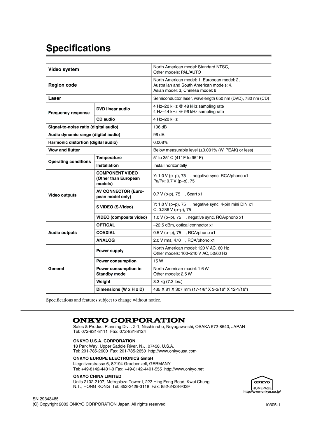 Onkyo DV-SP501 instruction manual Speciﬁcations, Video system, Region code, Laser 