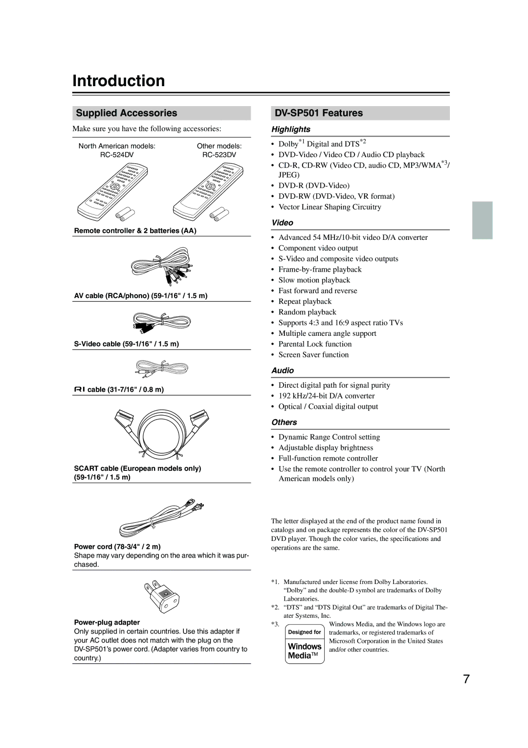 Onkyo instruction manual Introduction, Supplied Accessories, DV-SP501 Features 