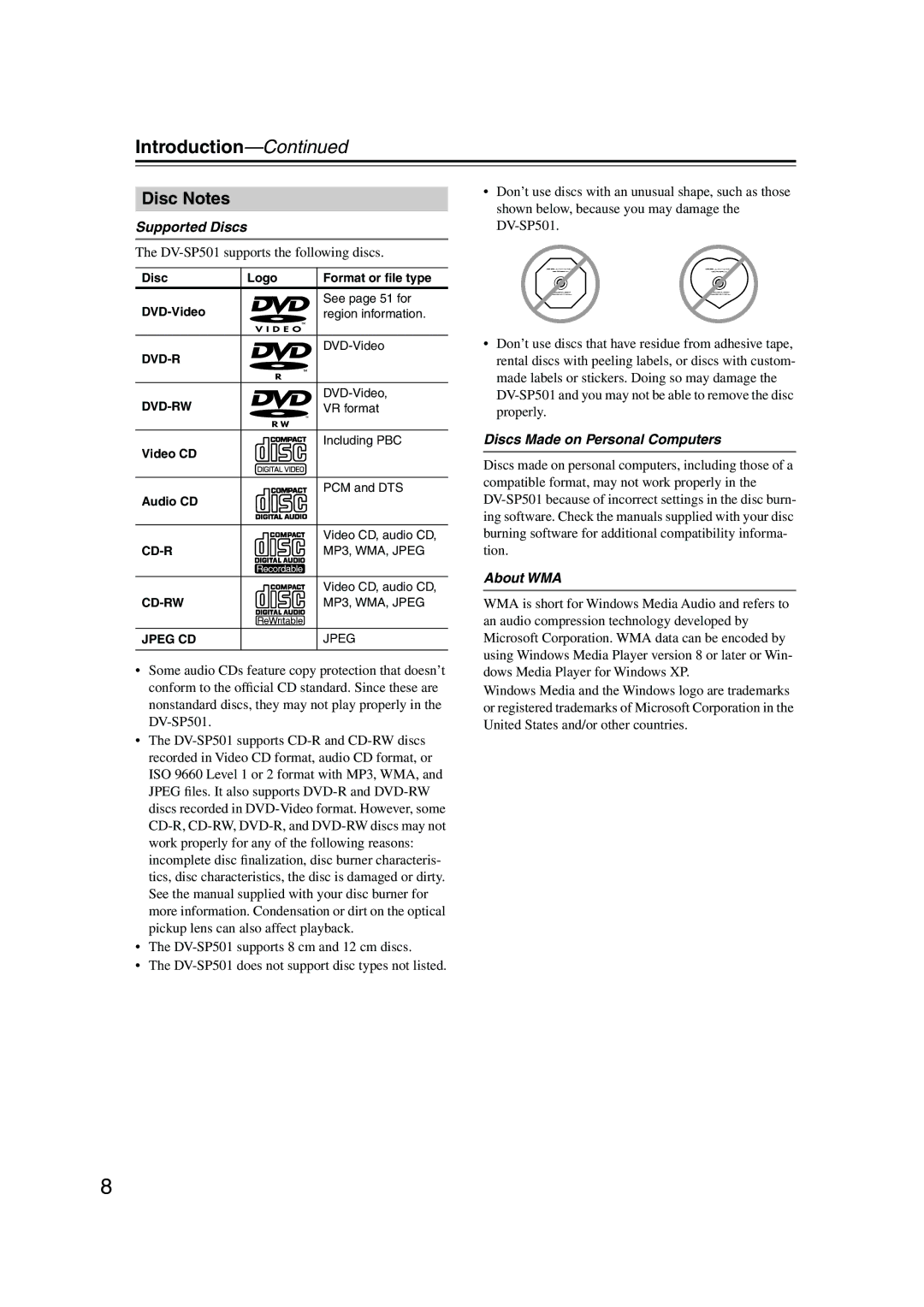 Onkyo DV-SP501 instruction manual Introduction, Disc Notes, Supported Discs, Discs Made on Personal Computers, About WMA 