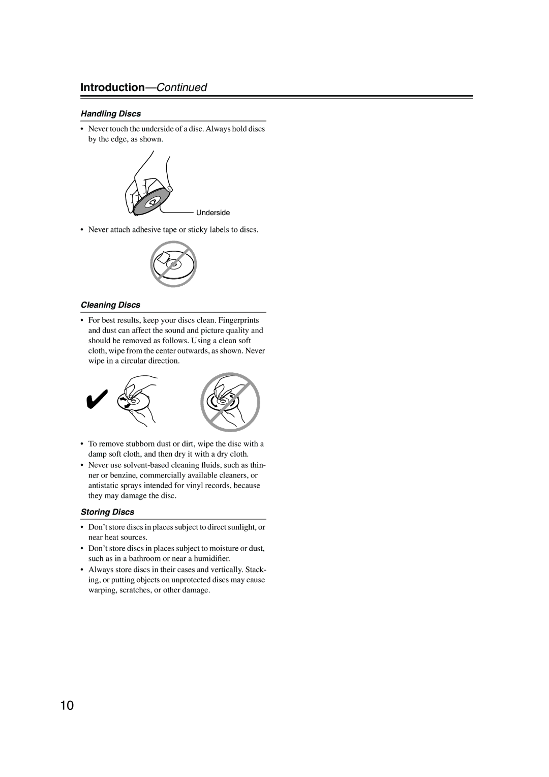 Onkyo DV-SP501 Handling Discs, Never attach adhesive tape or sticky labels to discs, Cleaning Discs, Storing Discs 