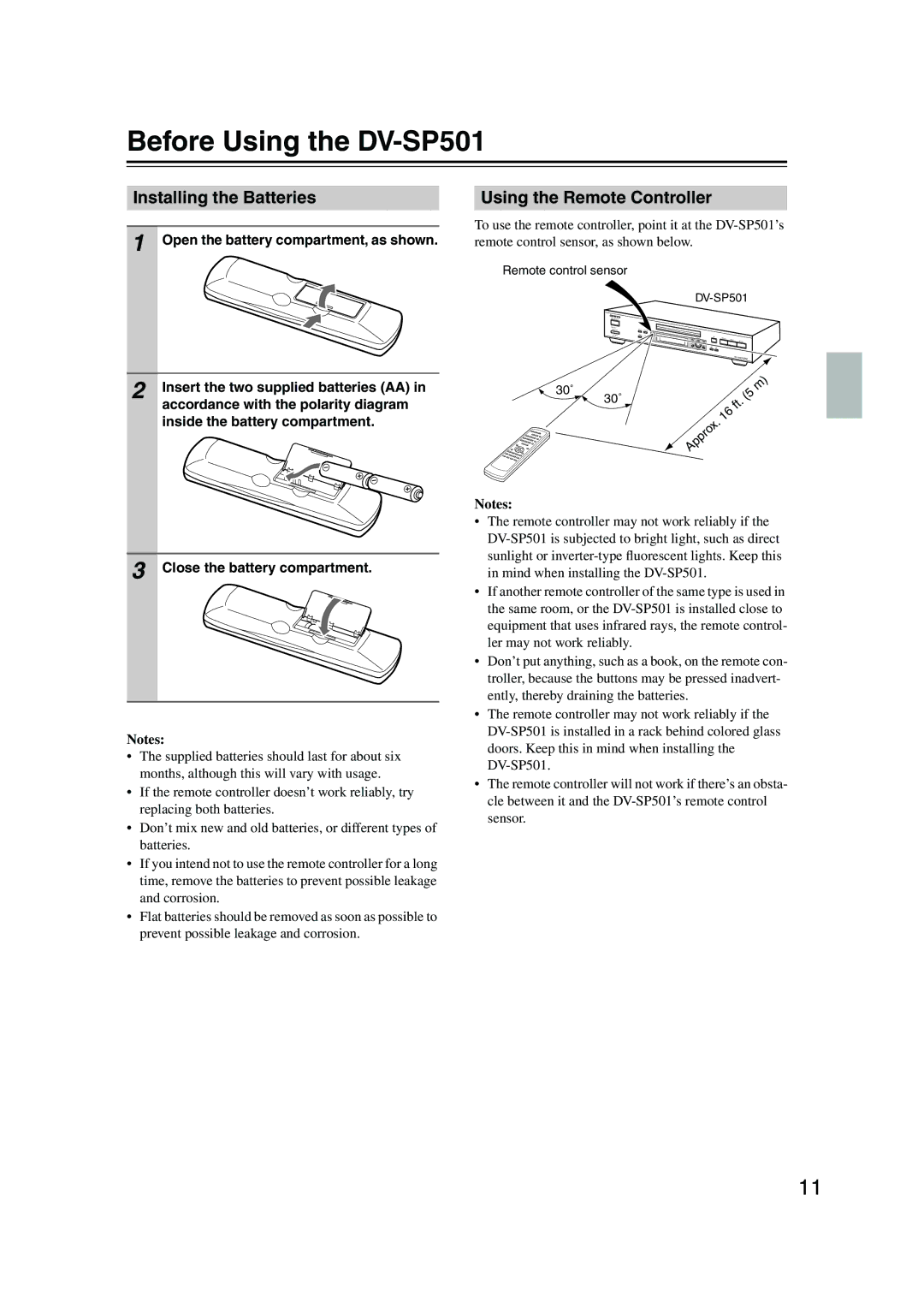 Onkyo Before Using the DV-SP501, Installing the Batteries, Using the Remote Controller, Close the battery compartment 