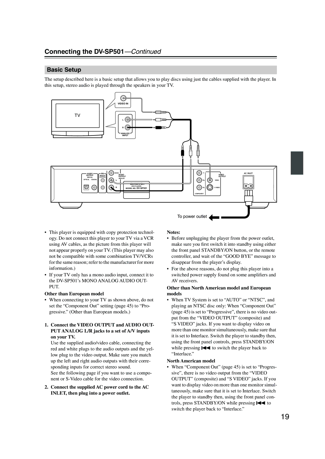 Onkyo instruction manual Connecting the DV-SP501, Basic Setup, Other than European model, North American model 