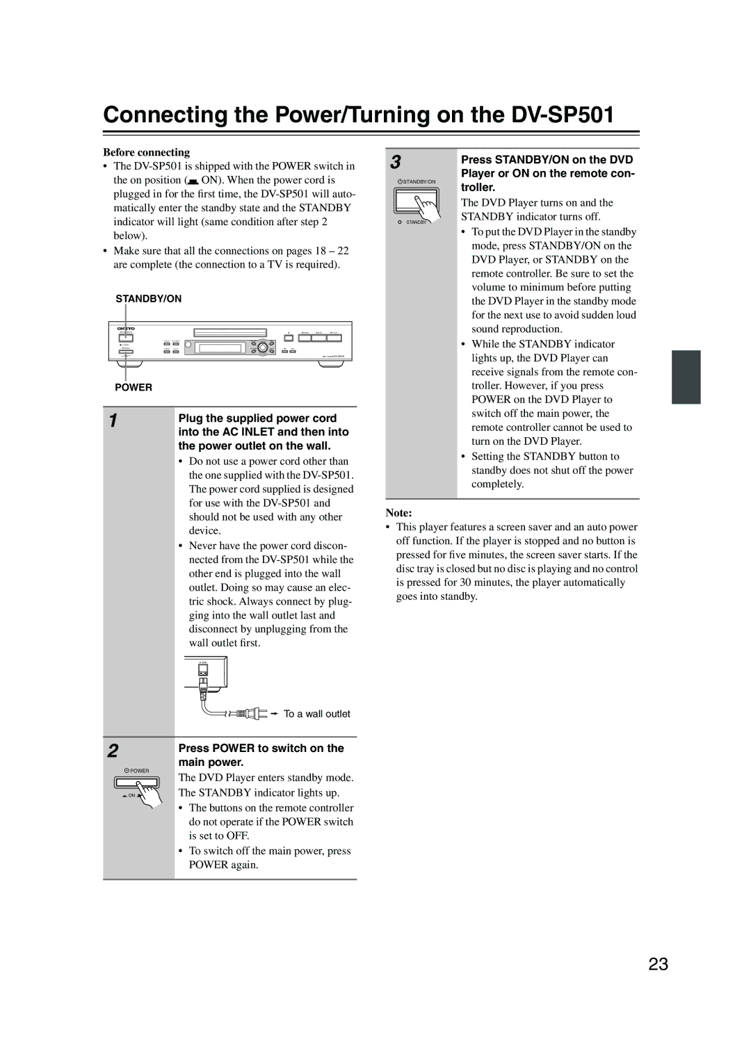 Onkyo instruction manual Connecting the Power/Turning on the DV-SP501 