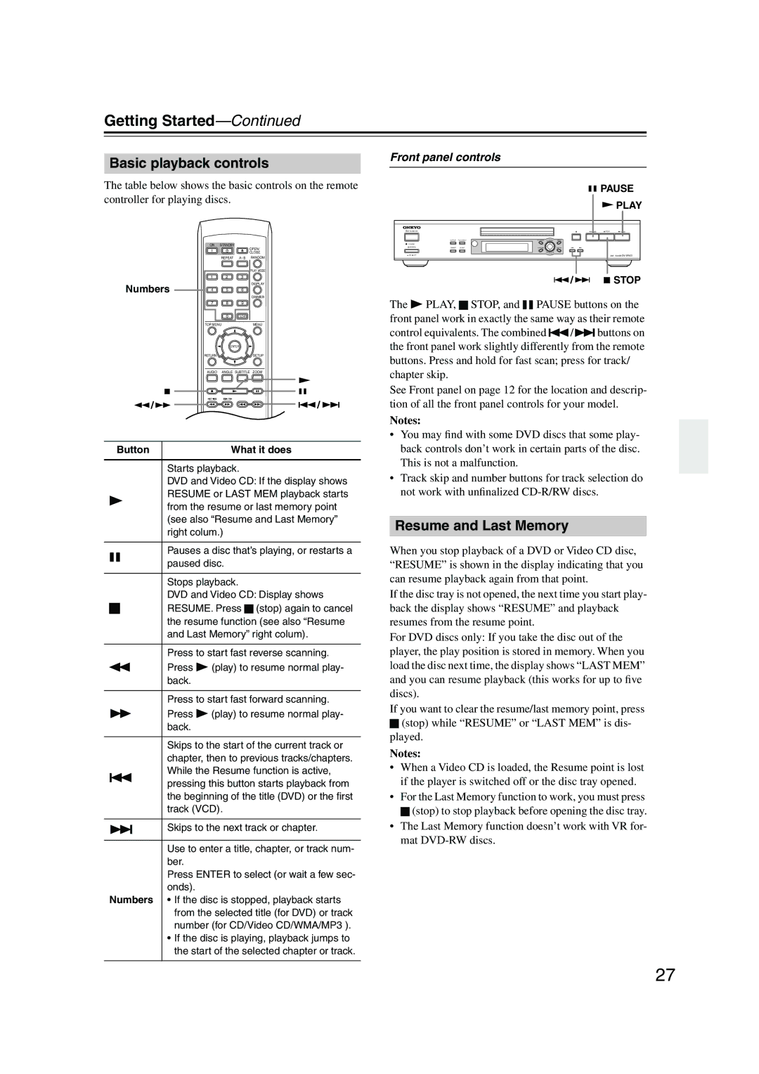 Onkyo DV-SP501 instruction manual Basic playback controls, Resume and Last Memory, Front panel controls, Stop 