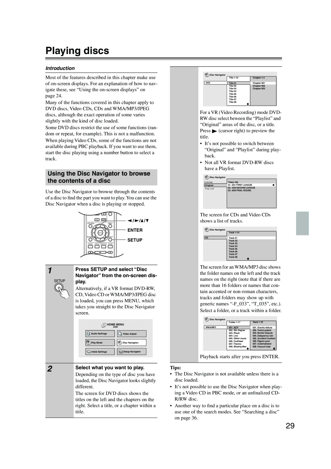 Onkyo DV-SP501 instruction manual Playing discs, Using the Disc Navigator to browse the contents of a disc 