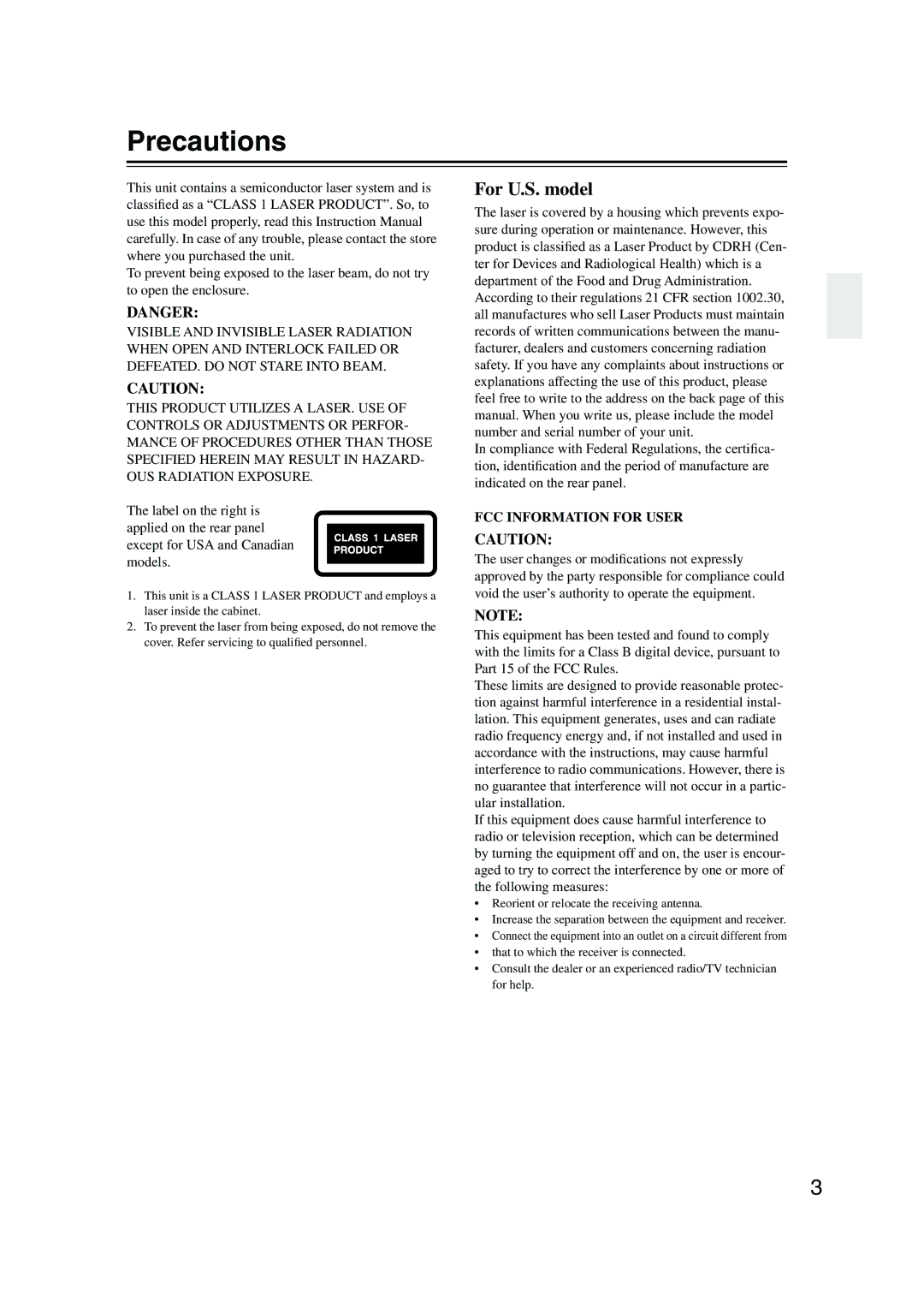 Onkyo DV-SP501 instruction manual Precautions, For U.S. model 