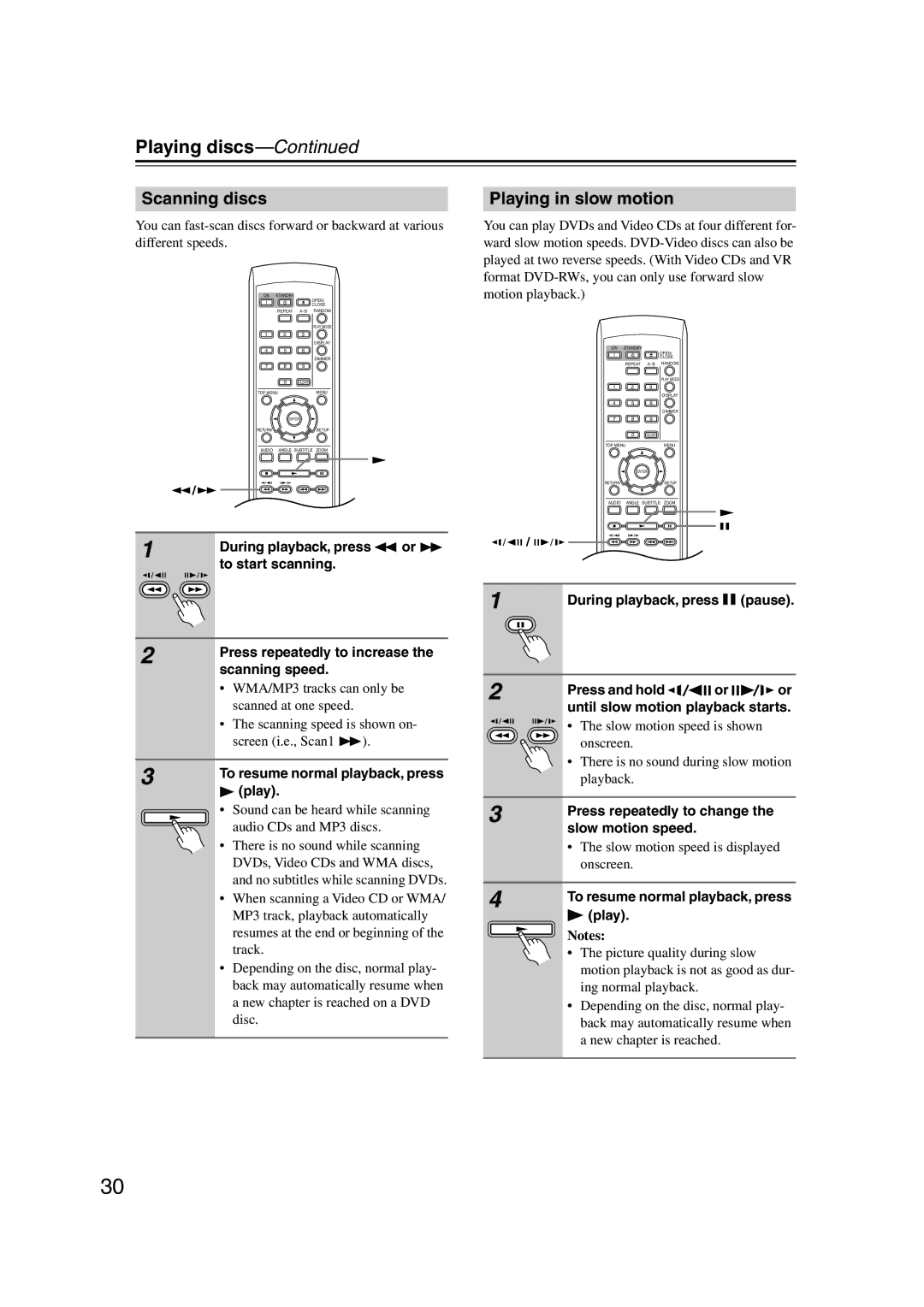 Onkyo DV-SP501 instruction manual Playing discs, Scanning discs, Playing in slow motion 