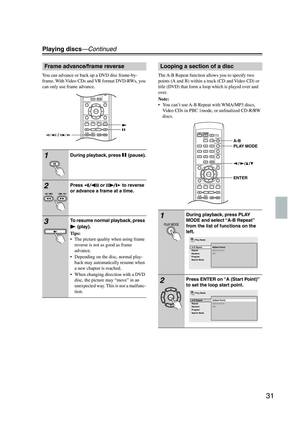 Onkyo DV-SP501 instruction manual Frame advance/frame reverse, Looping a section of a disc 