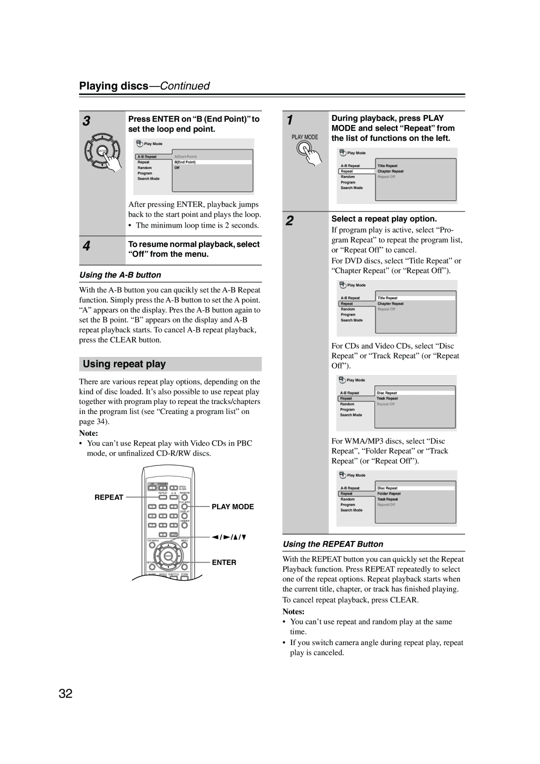 Onkyo DV-SP501 instruction manual Using repeat play, Using the A-B button, Using the Repeat Button 