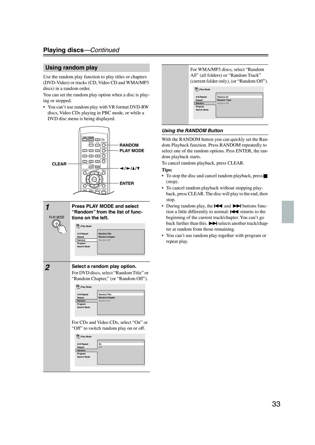 Onkyo DV-SP501 instruction manual Using random play, Using the Random Button 