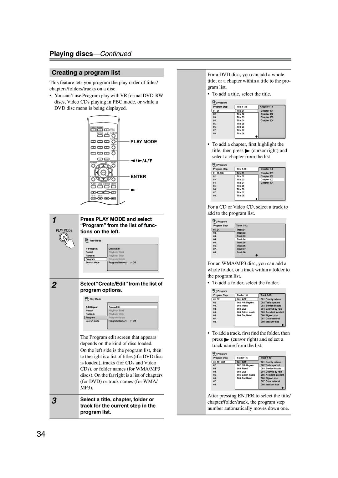 Onkyo DV-SP501 instruction manual Creating a program list 