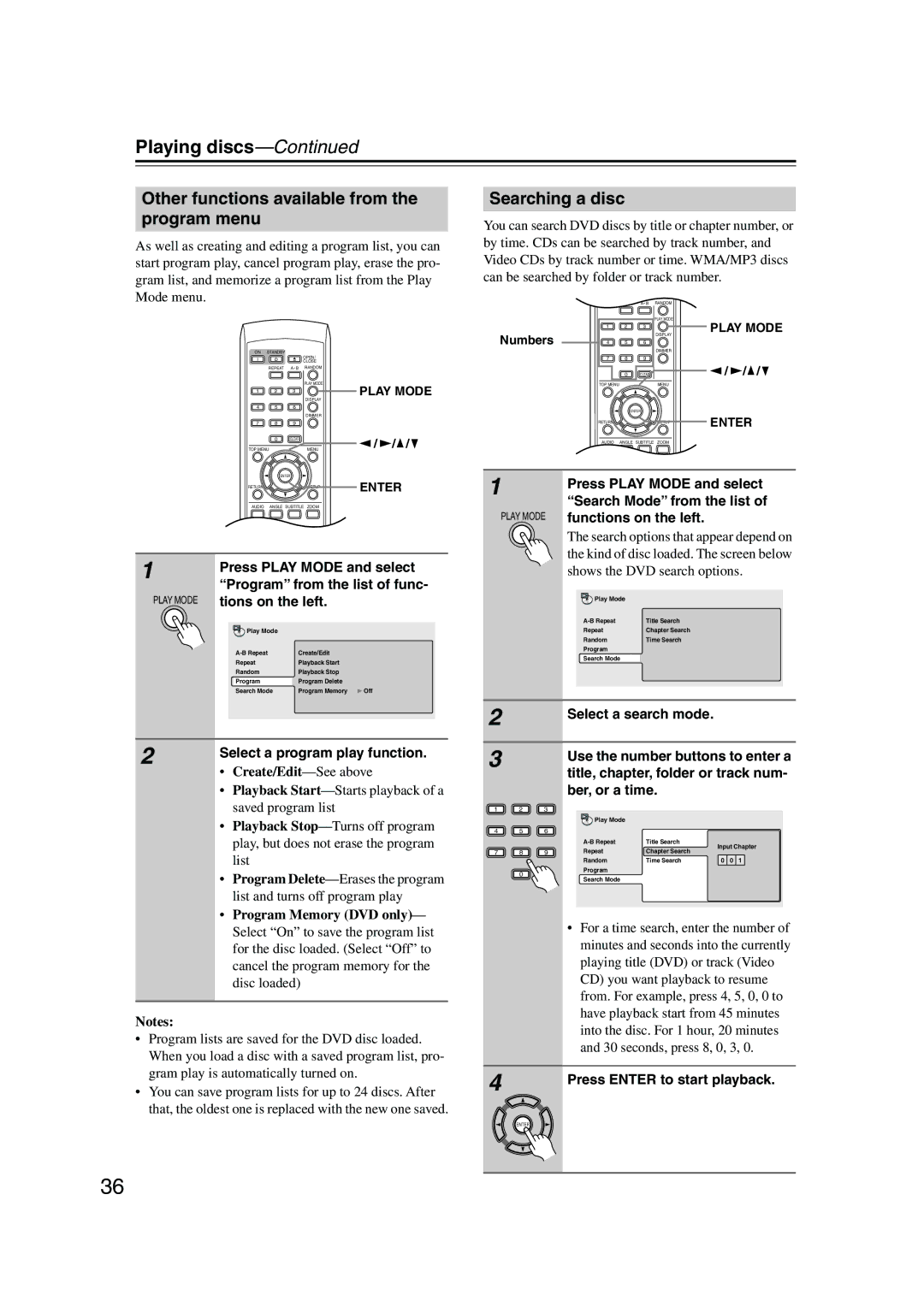 Onkyo DV-SP501 instruction manual Other functions available from the program menu, Searching a disc 