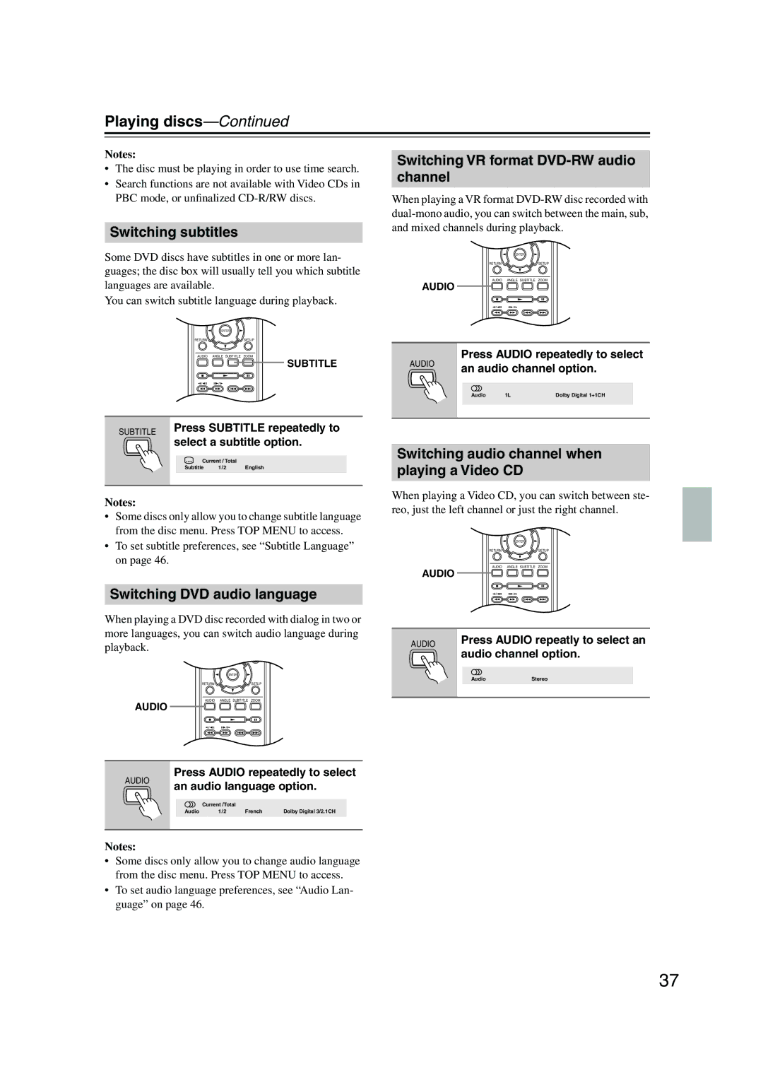 Onkyo DV-SP501 Switching subtitles, Switching DVD audio language, Switching VR format DVD-RW audio channel 