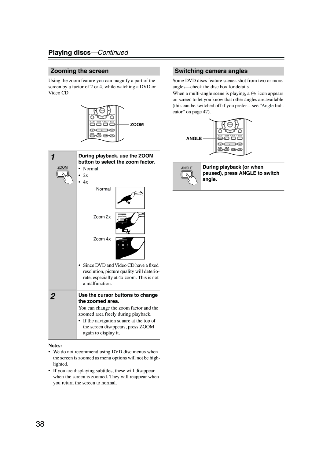 Onkyo DV-SP501 instruction manual Zooming the screen, Switching camera angles 