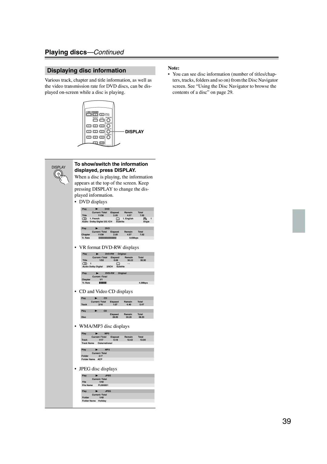 Onkyo DV-SP501 instruction manual Displaying disc information, To show/switch the information displayed, press Display 