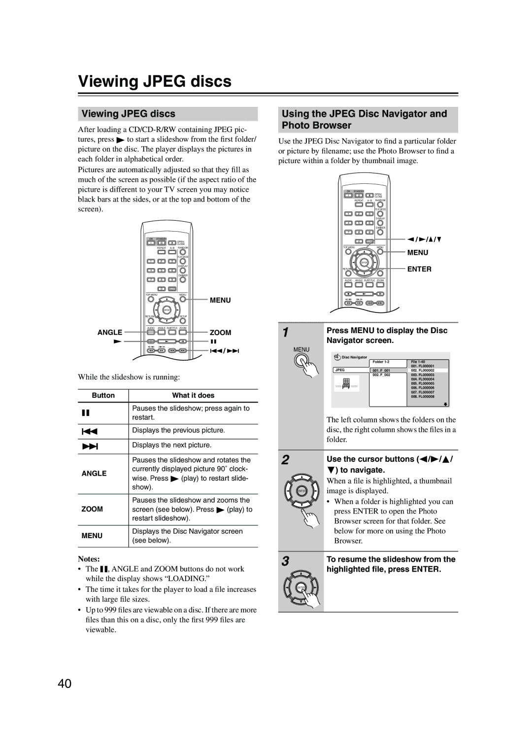 Onkyo DV-SP501 instruction manual Viewing Jpeg discs, Using the Jpeg Disc Navigator and Photo Browser 