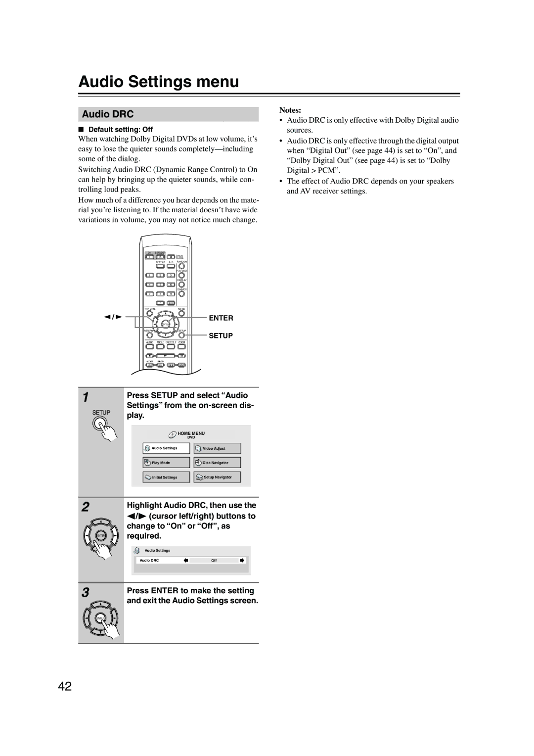 Onkyo DV-SP501 instruction manual Audio Settings menu, Audio DRC 