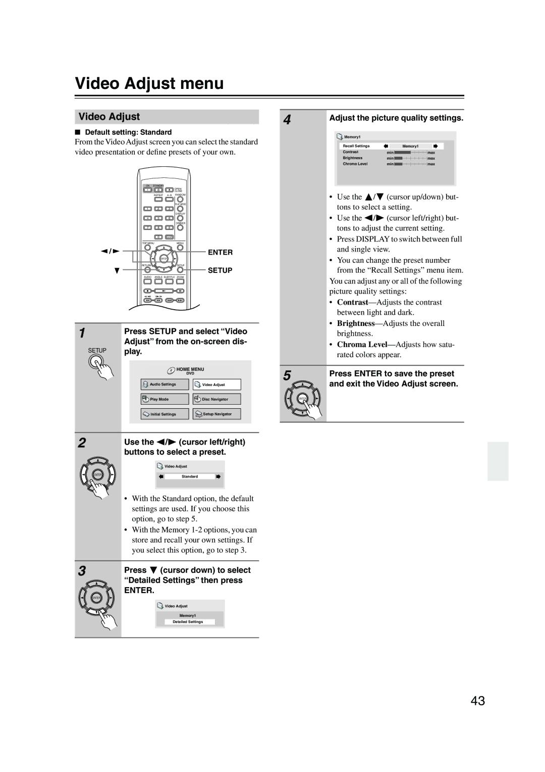 Onkyo DV-SP501 instruction manual Video Adjust menu 