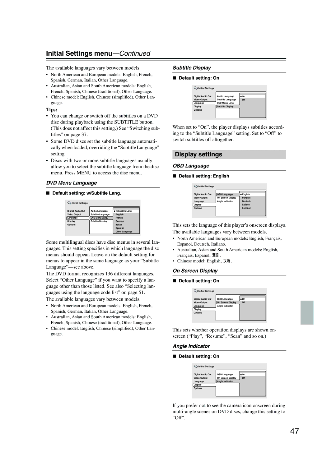 Onkyo DV-SP501 instruction manual Display settings 