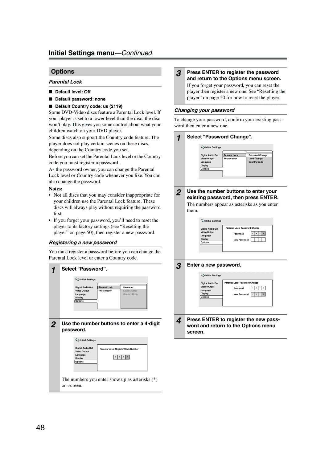 Onkyo DV-SP501 instruction manual Options, Parental Lock, Registering a new password, Changing your password 