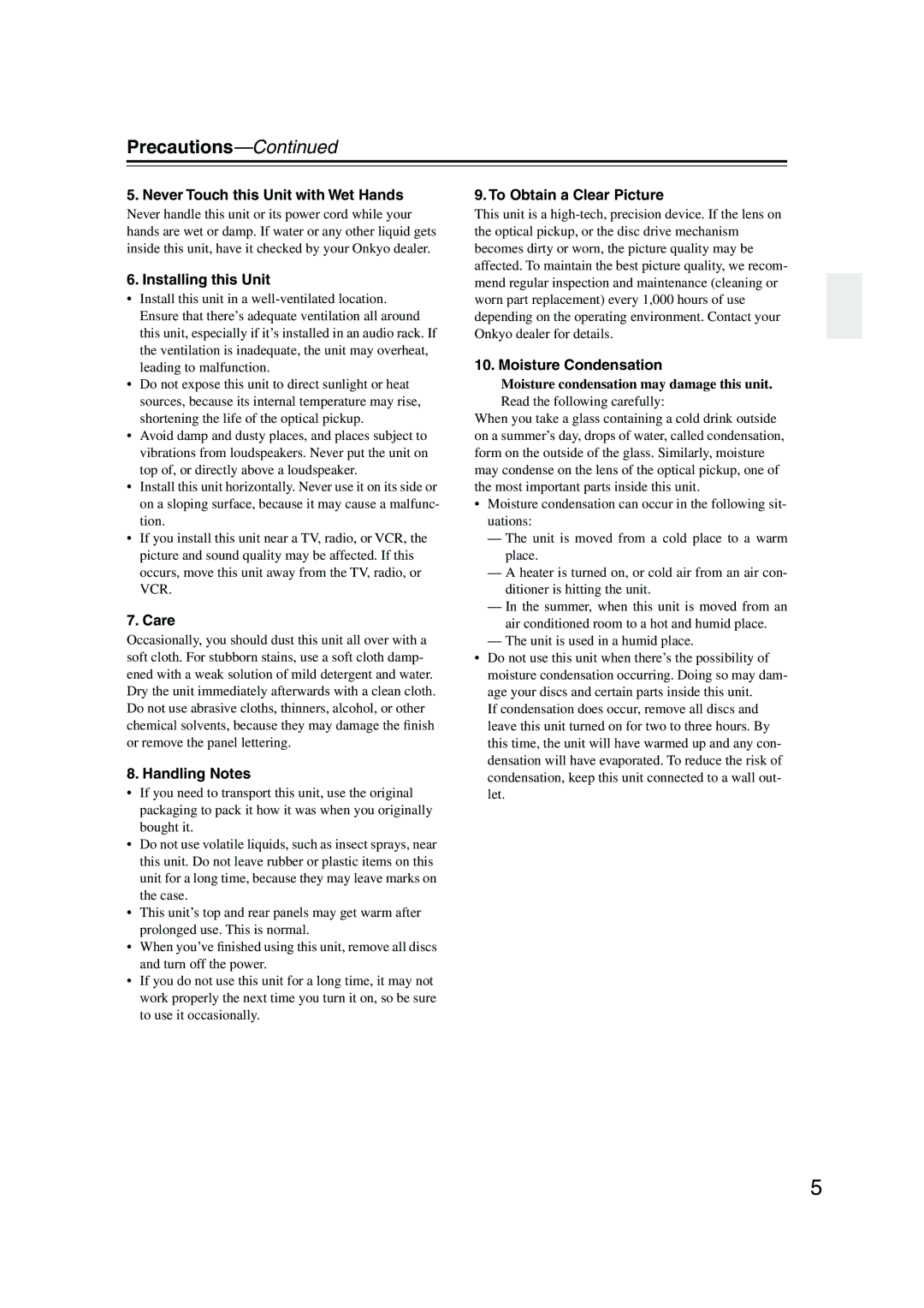 Onkyo DV-SP501 instruction manual Never Touch this Unit with Wet Hands, Moisture condensation may damage this unit 