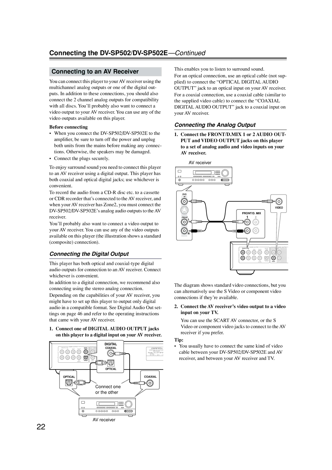 Onkyo DV-SP502E Connecting to an AV Receiver, Connecting the Analog Output, Connecting the Digital Output 