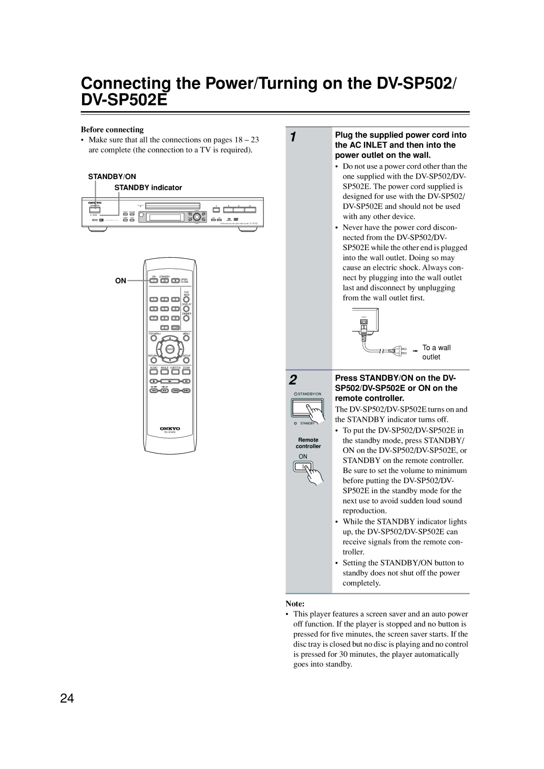 Onkyo instruction manual Connecting the Power/Turning on the DV-SP502/ DV-SP502E, Standby indicator 