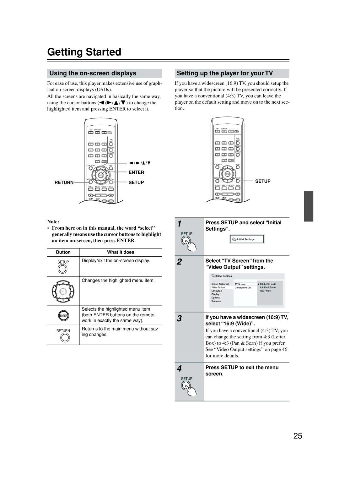 Onkyo DV-SP502E instruction manual Getting Started, Using the on-screen displays, Setting up the player for your TV 