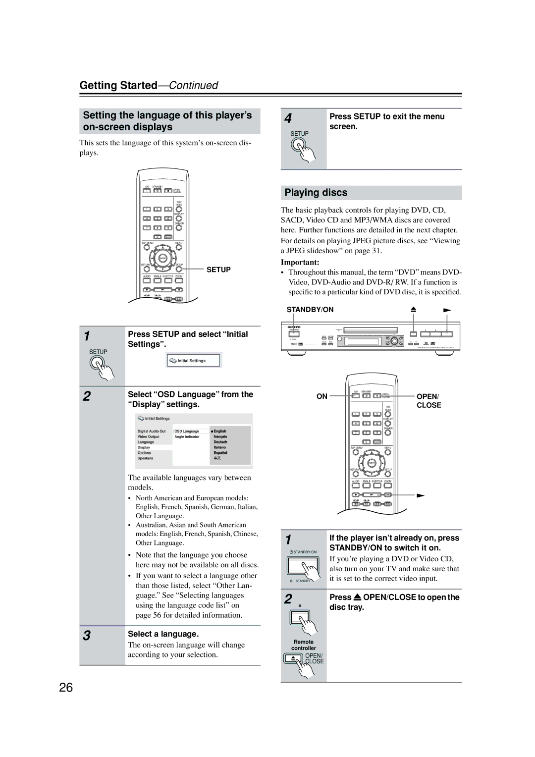 Onkyo DV-SP502E Getting Started, Setting the language of this player’s on-screen displays, Playing discs 