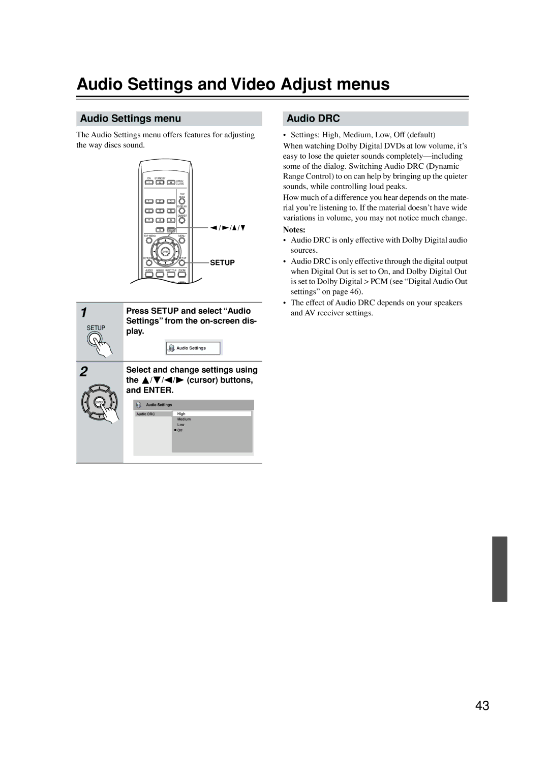 Onkyo DV-SP502E instruction manual Audio Settings and Video Adjust menus, Audio Settings menu, Audio DRC 