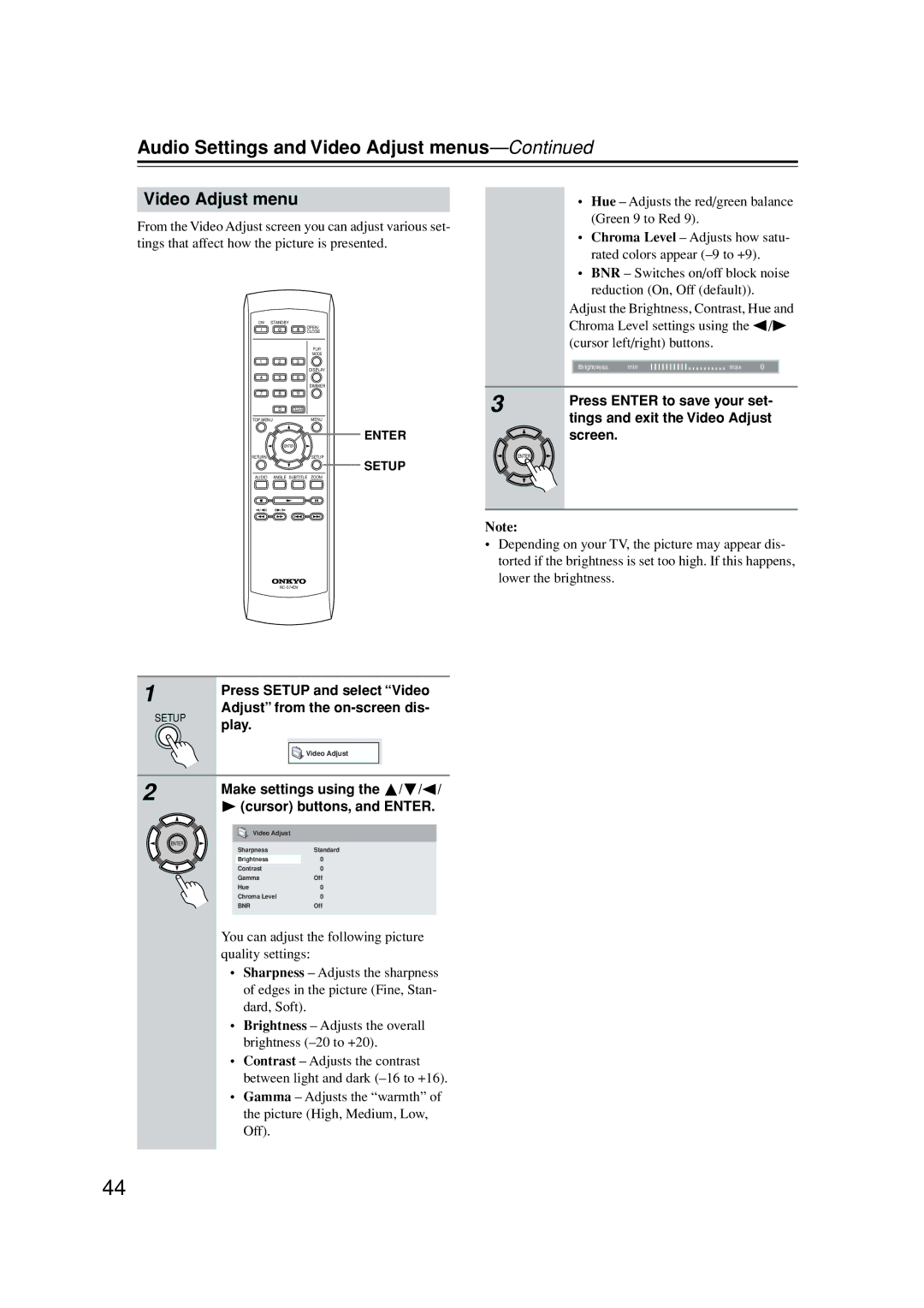 Onkyo DV-SP502E instruction manual Audio Settings and Video Adjust menus 