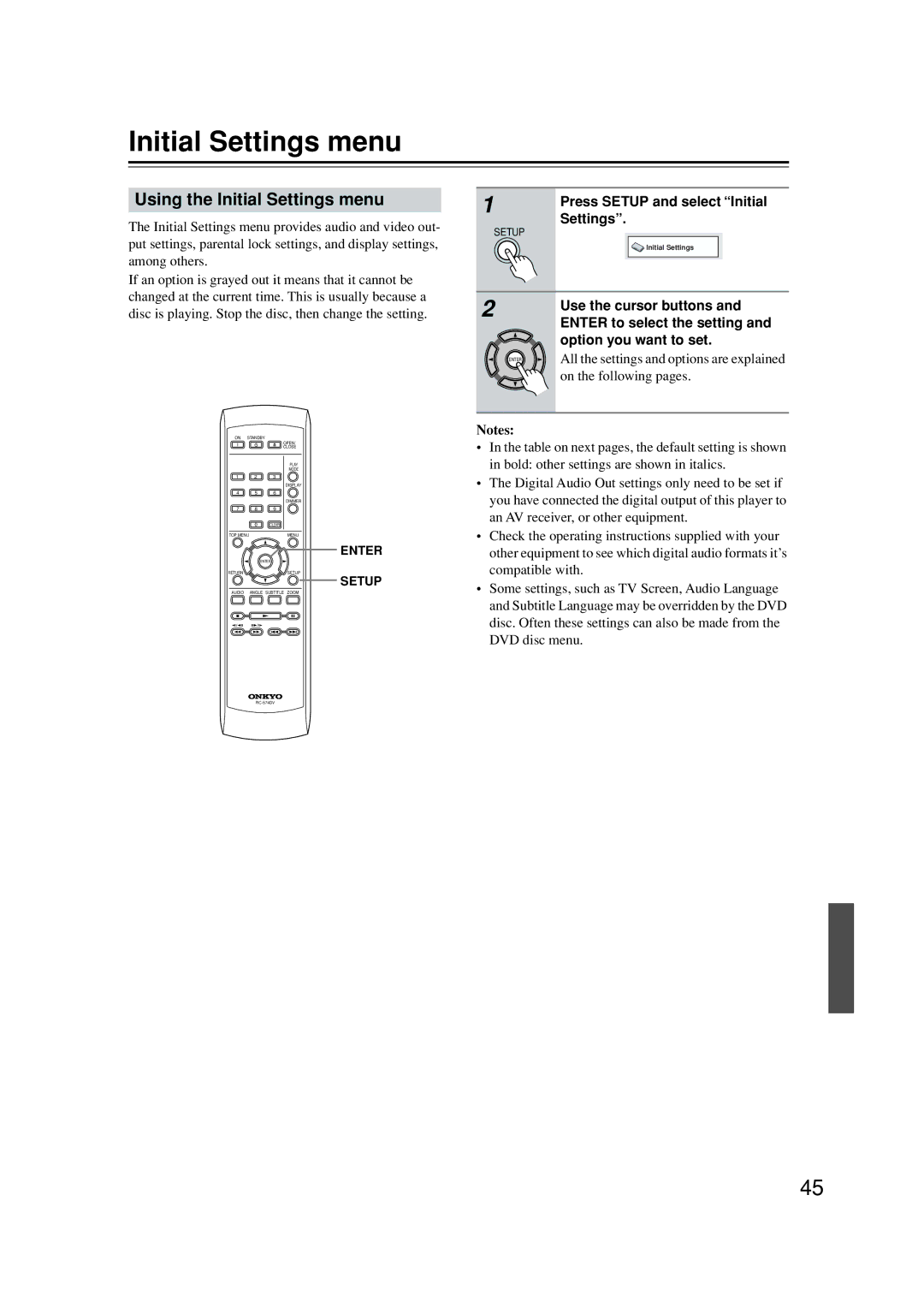 Onkyo DV-SP502E instruction manual Using the Initial Settings menu 