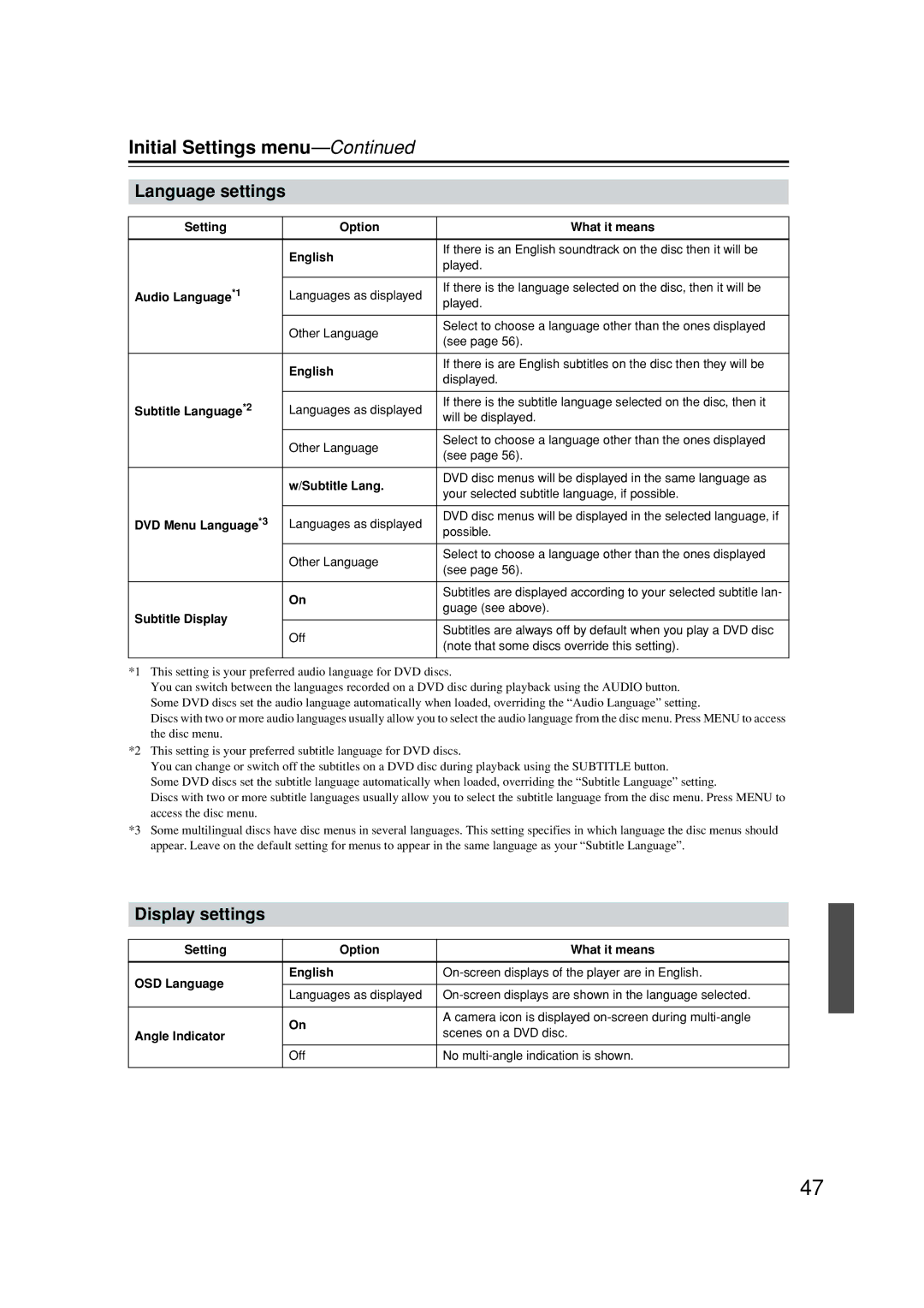 Onkyo DV-SP502E instruction manual Language settings, Display settings 