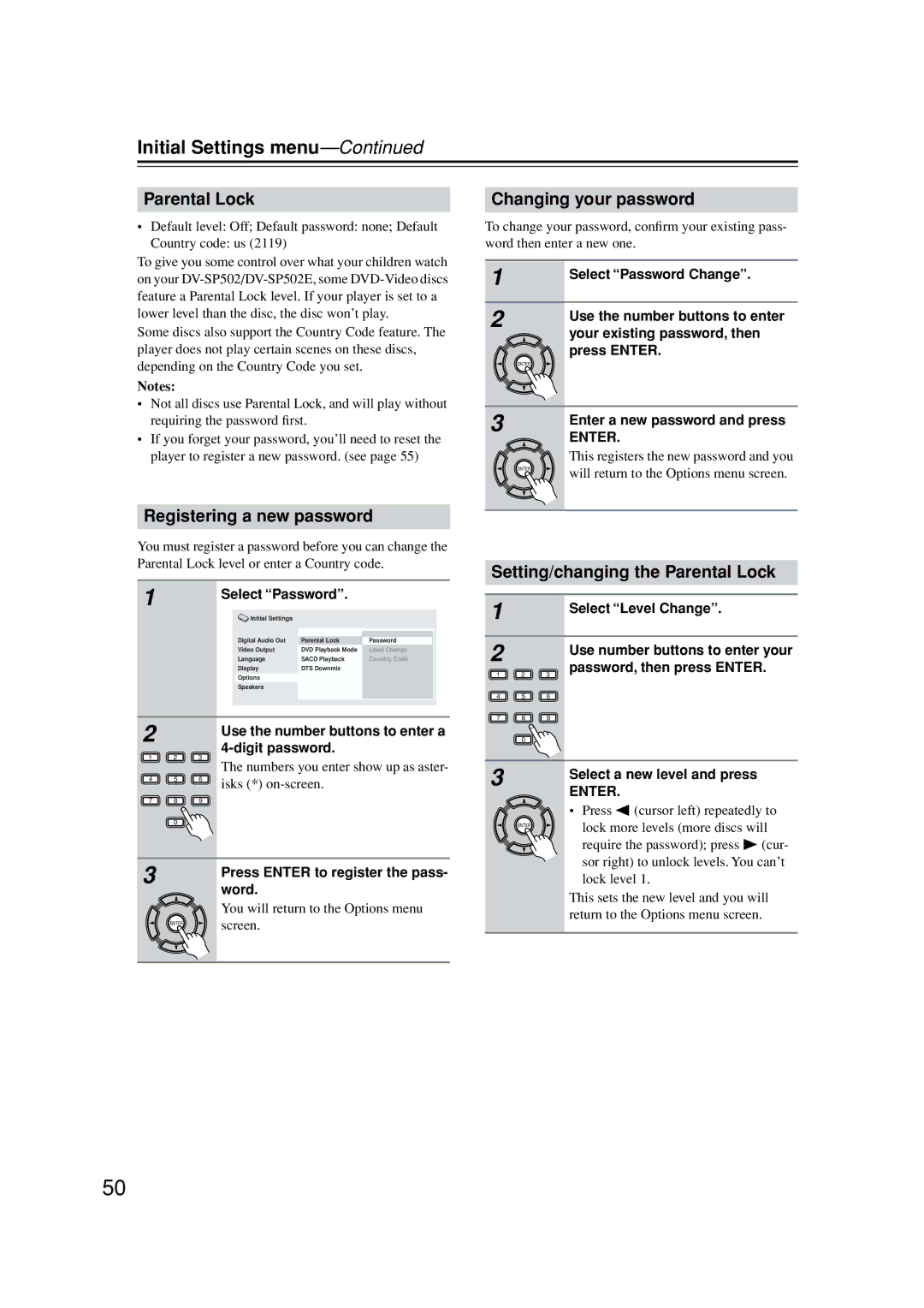 Onkyo DV-SP502E Registering a new password, Changing your password, Setting/changing the Parental Lock 