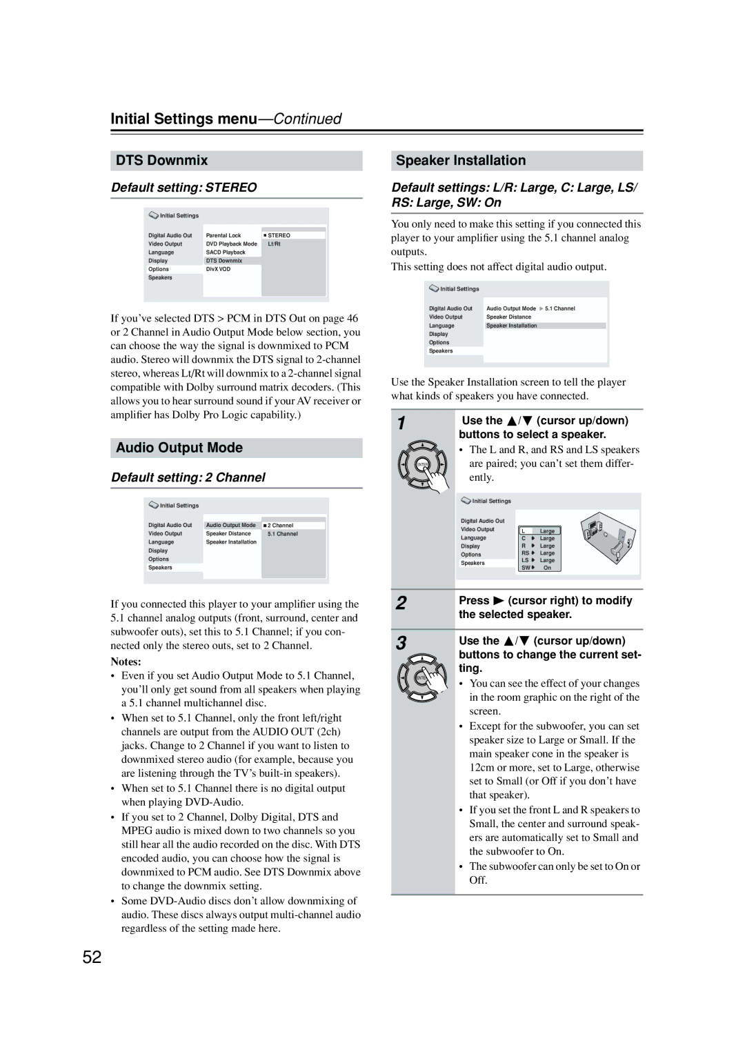 Onkyo DV-SP502E instruction manual DTS Downmix, Audio Output Mode, Speaker Installation 