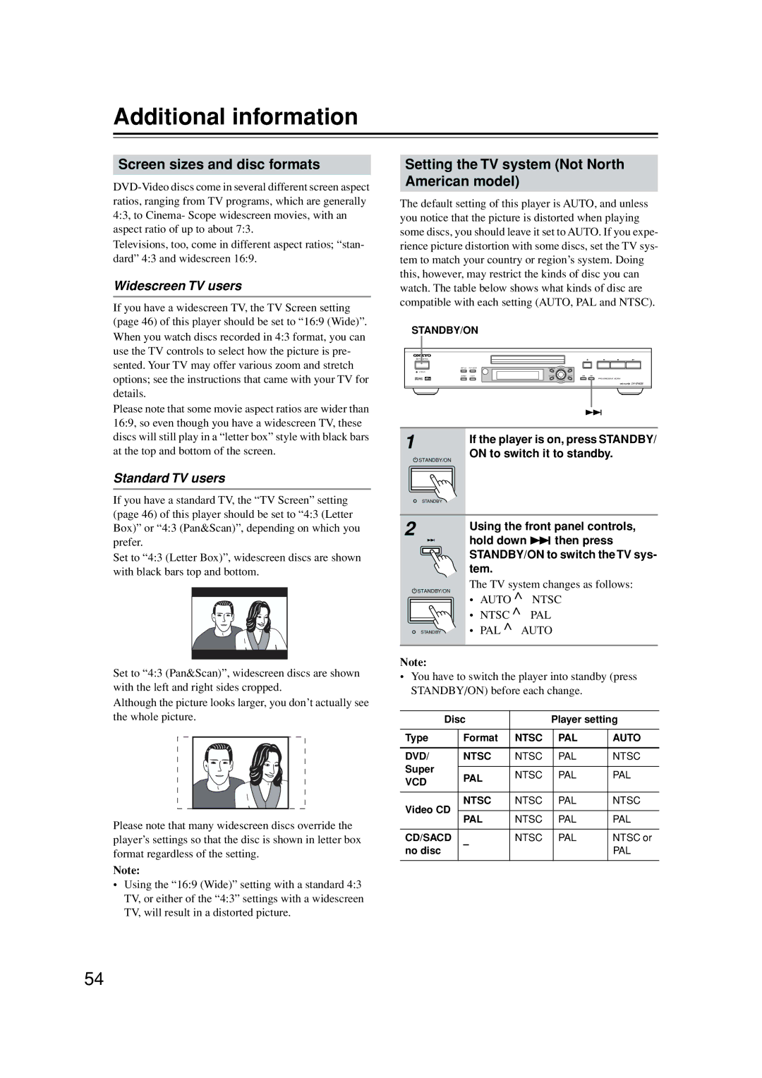 Onkyo DV-SP502 Additional information, Screen sizes and disc formats, Setting the TV system Not North American model 