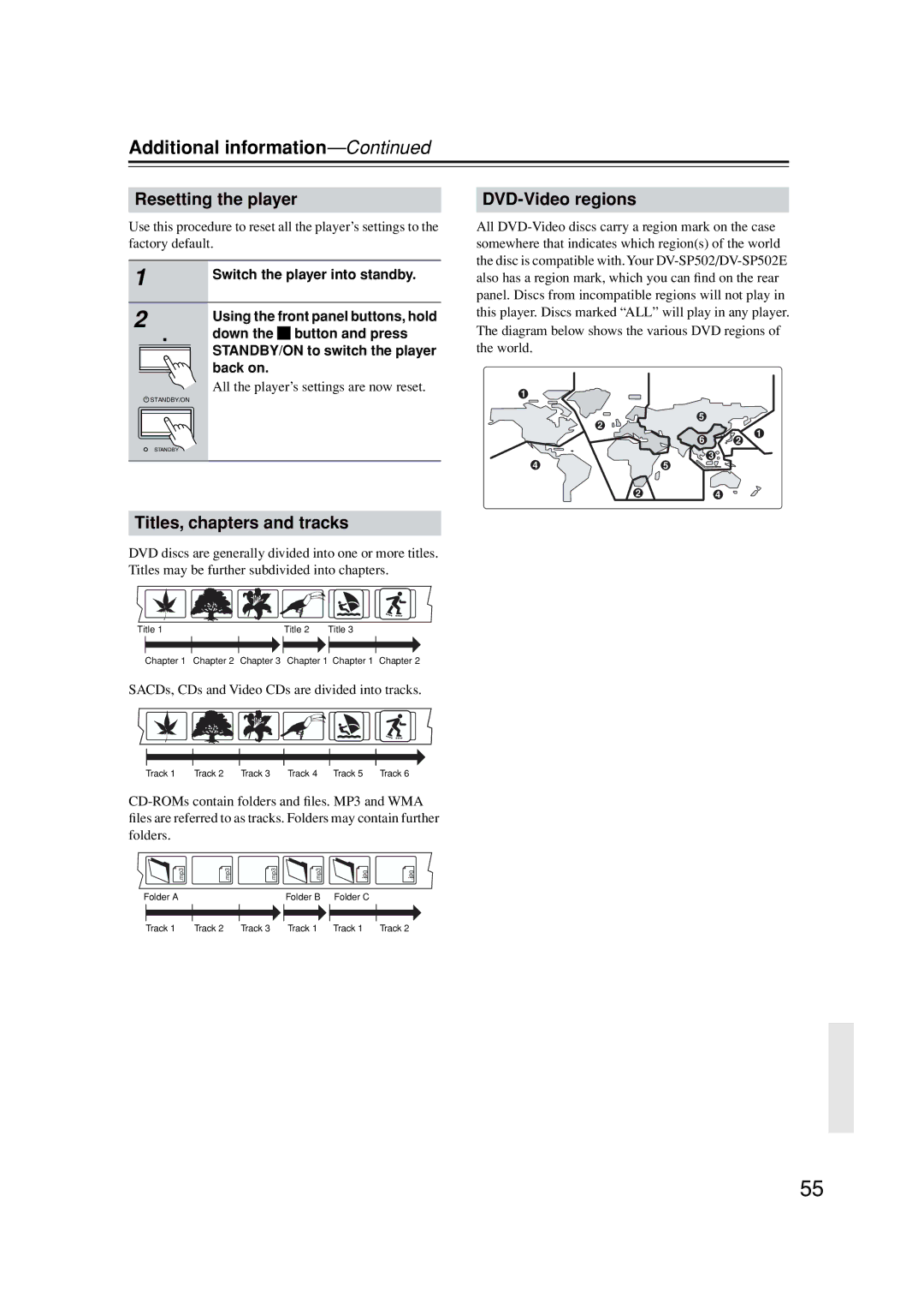 Onkyo DV-SP502E Additional information, Resetting the player, Titles, chapters and tracks, DVD-Video regions 