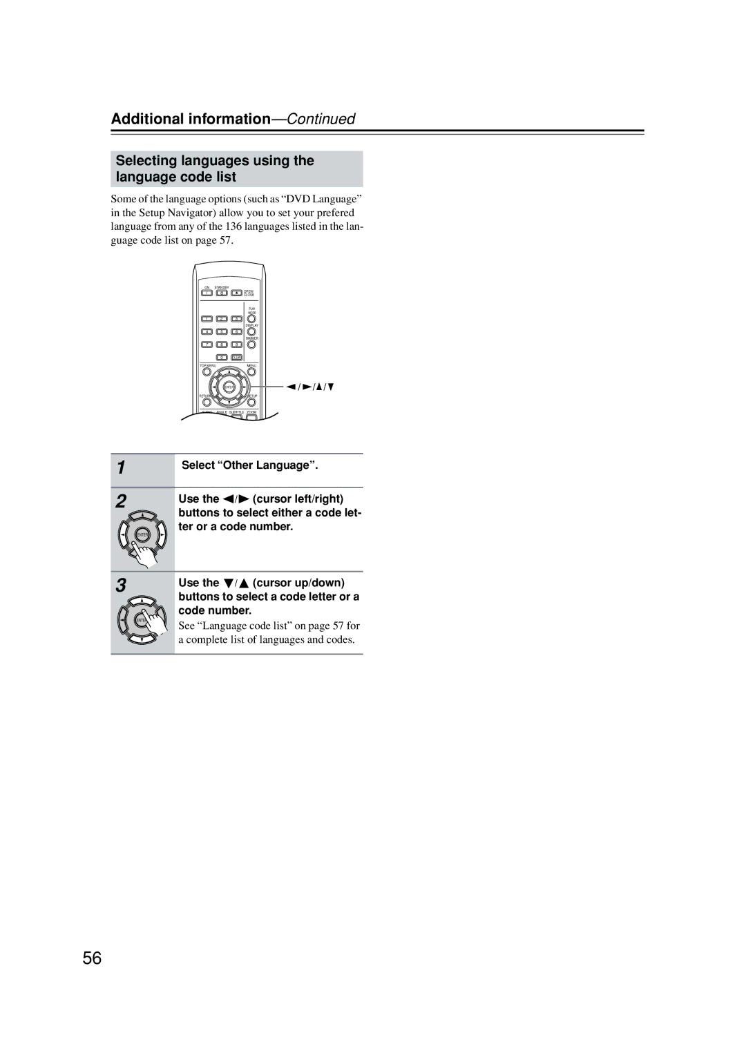 Onkyo DV-SP502E instruction manual Selecting languages using the language code list 