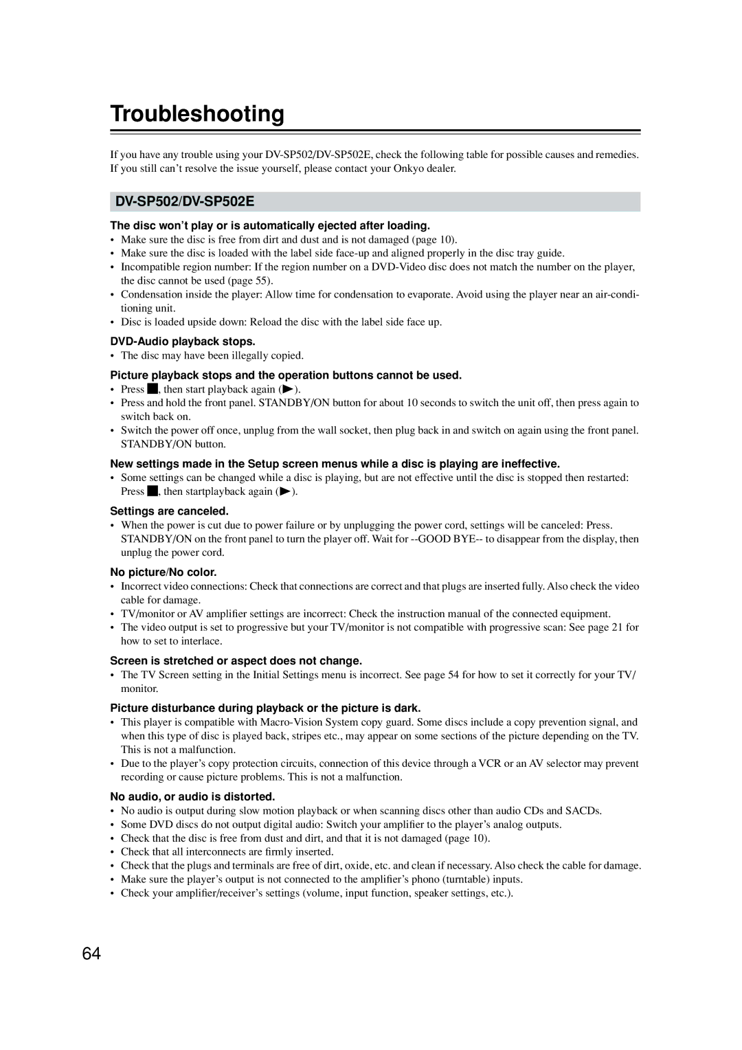 Onkyo instruction manual Troubleshooting, DV-SP502/DV-SP502E 