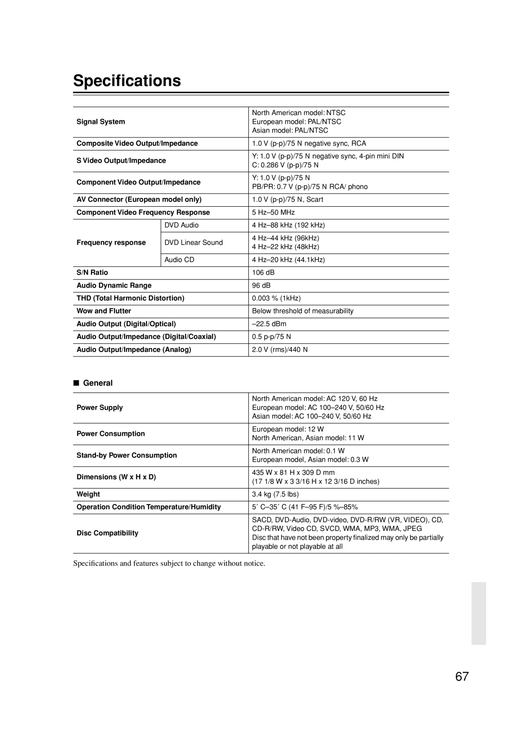 Onkyo DV-SP502E instruction manual Speciﬁcations, General 