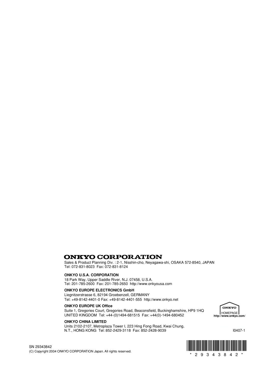 Onkyo DV-SP502E instruction manual Onkyo Europe Electronics GmbH, Onkyo Europe UK Office 