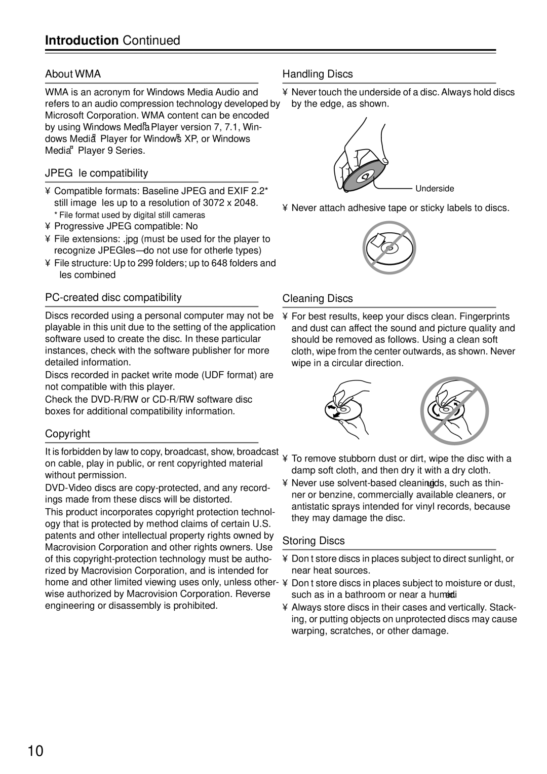 Onkyo DV-SP503E About WMA, Jpeg ﬁle compatibility, PC-created disc compatibility, Copyright, Handling Discs, Storing Discs 
