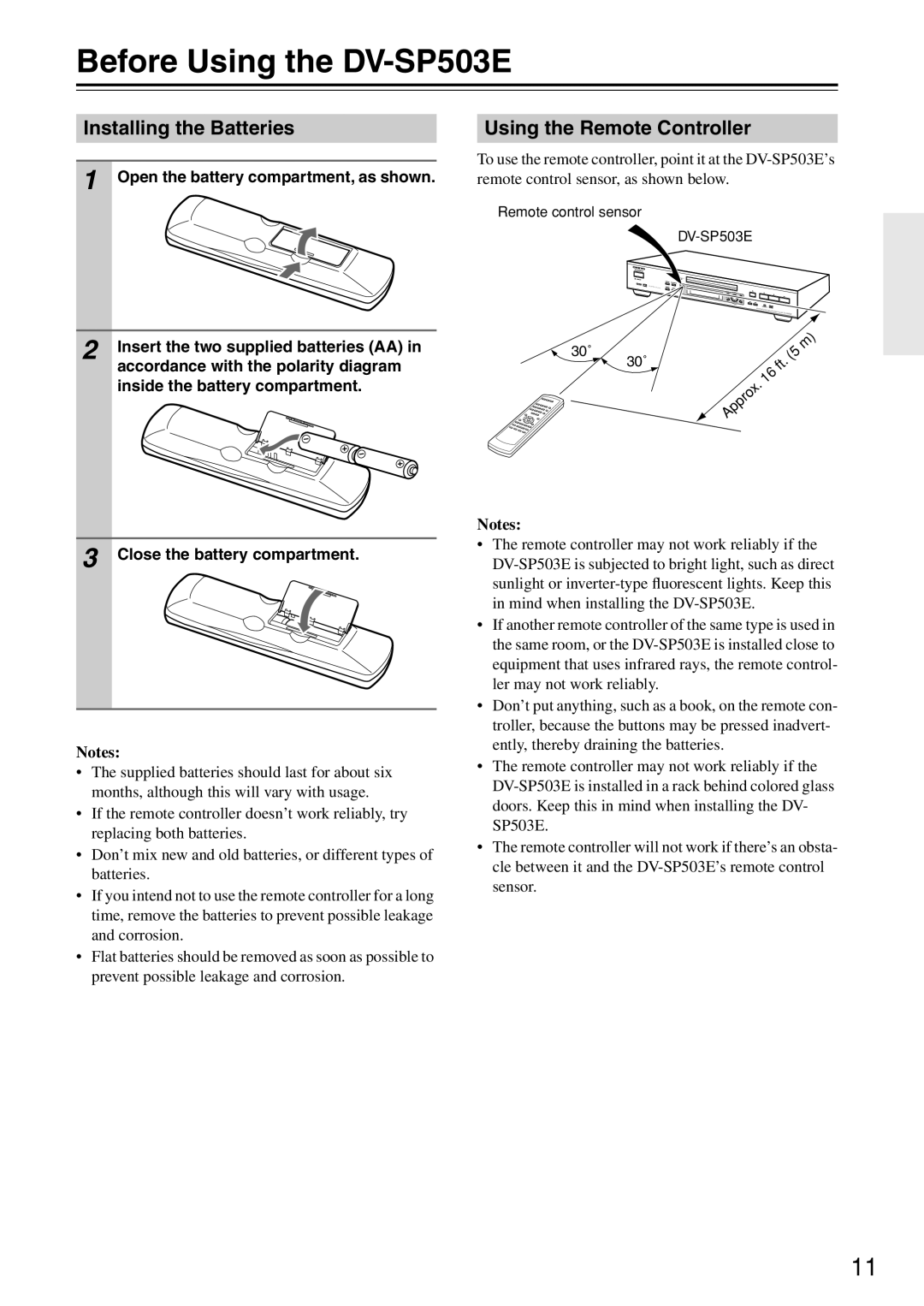 Onkyo instruction manual Before Using the DV-SP503E, Installing the Batteries, Using the Remote Controller 